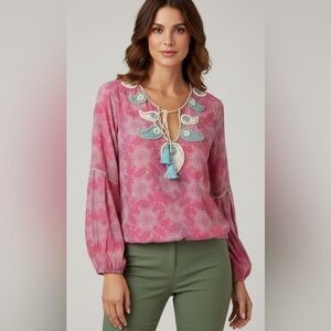 TAJ by Sabrina Crippa Pink and Blue Embroidered silk Blouse size medium